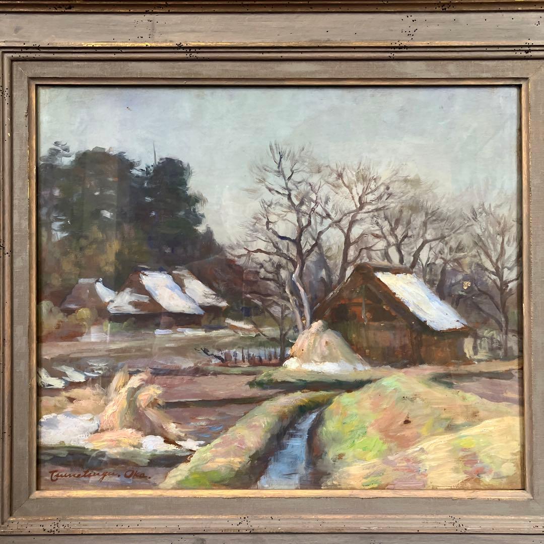 油彩古い板絵　岡常次「柿生風景　F8」日動画廊シール付」