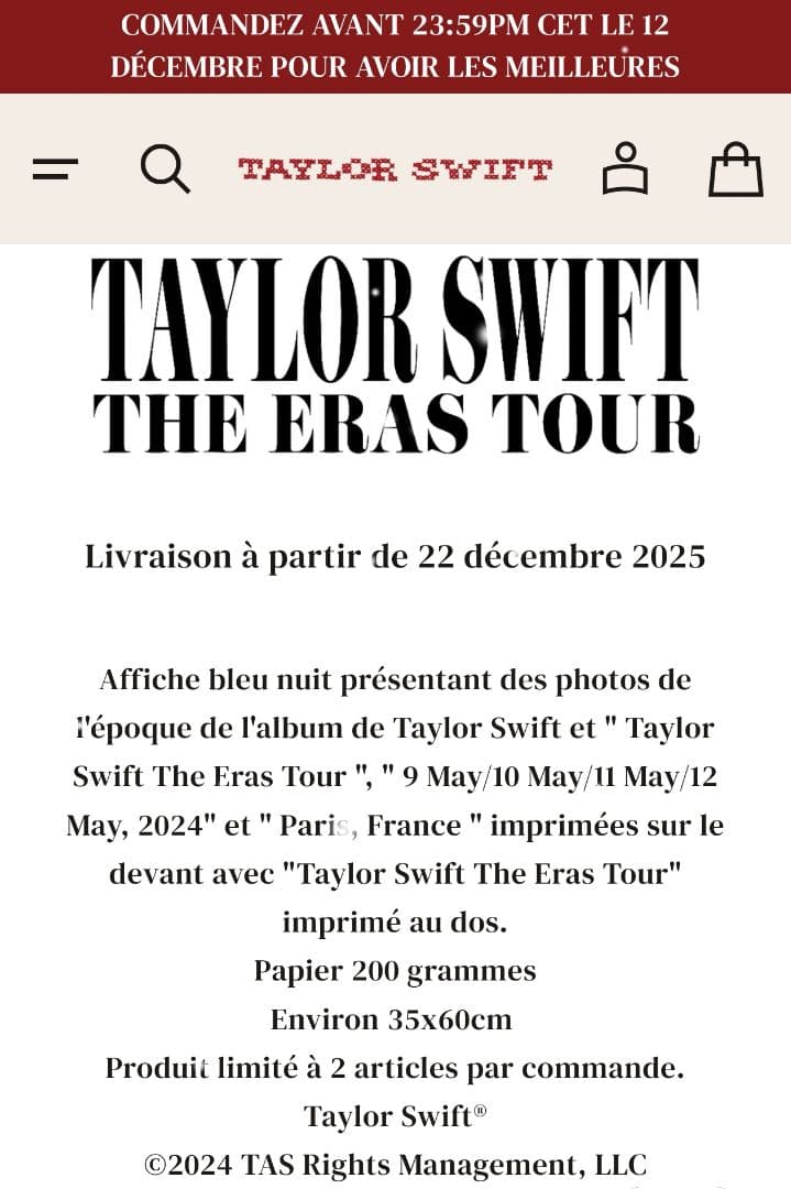 TAYLOR SWIFT THE ERAS TOUR POSTER,PARIS①