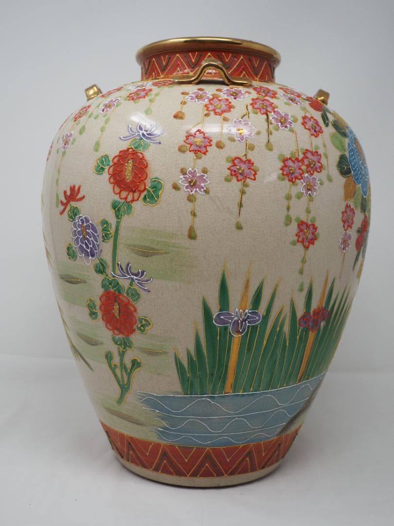 色絵金彩花鳥図　花瓶　薩摩焼　耳付壺　-SO