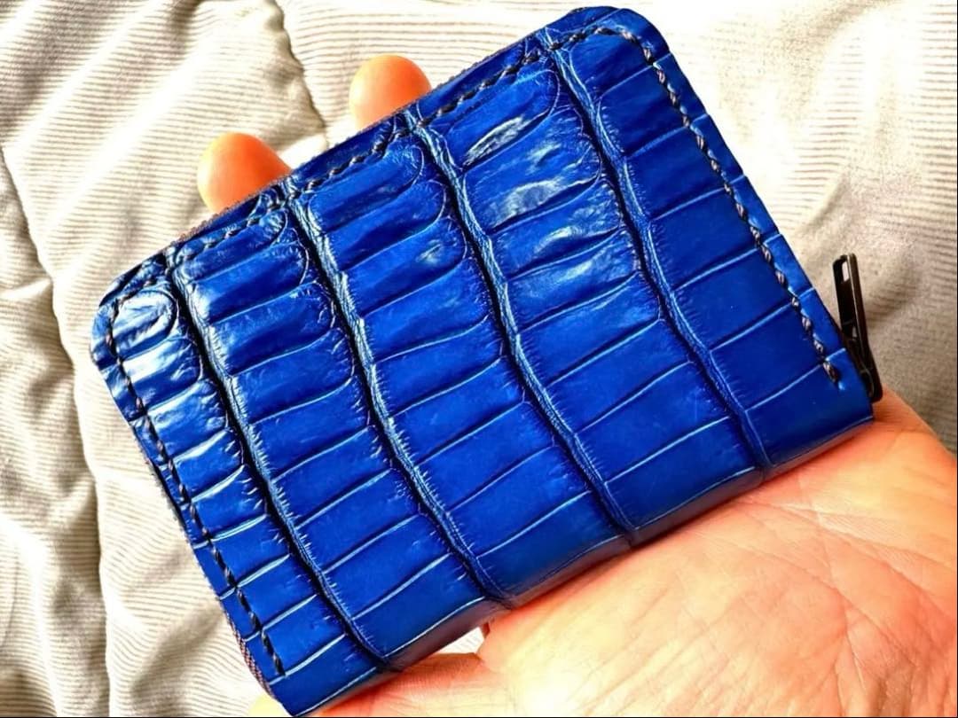 最高級！　クロコダイル　ポロサス　藍染　ケース　ミニウォレット　手縫い 美しい！ クロコダイル ポロサス コインケース ミニウォレット 藍染