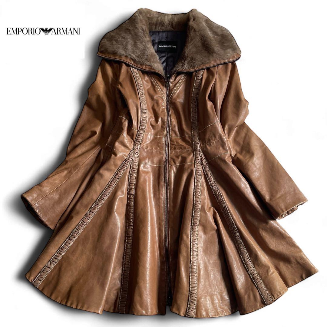 希少　エンポリオアルマーニ　ラムレザーコート　ラビットファー　Aライン　40 EMPORIO ARMANI 国内正規/ エンポリオアルマーニ フェイクレザー