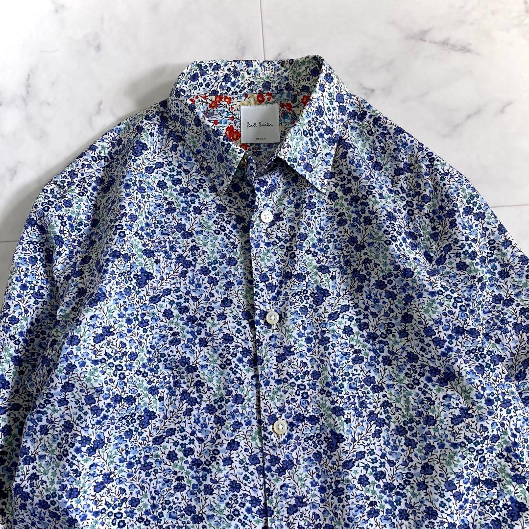美品 ポールスミス 現行タグ 総柄 シャツ 花柄 長袖 M コットン ブルー
