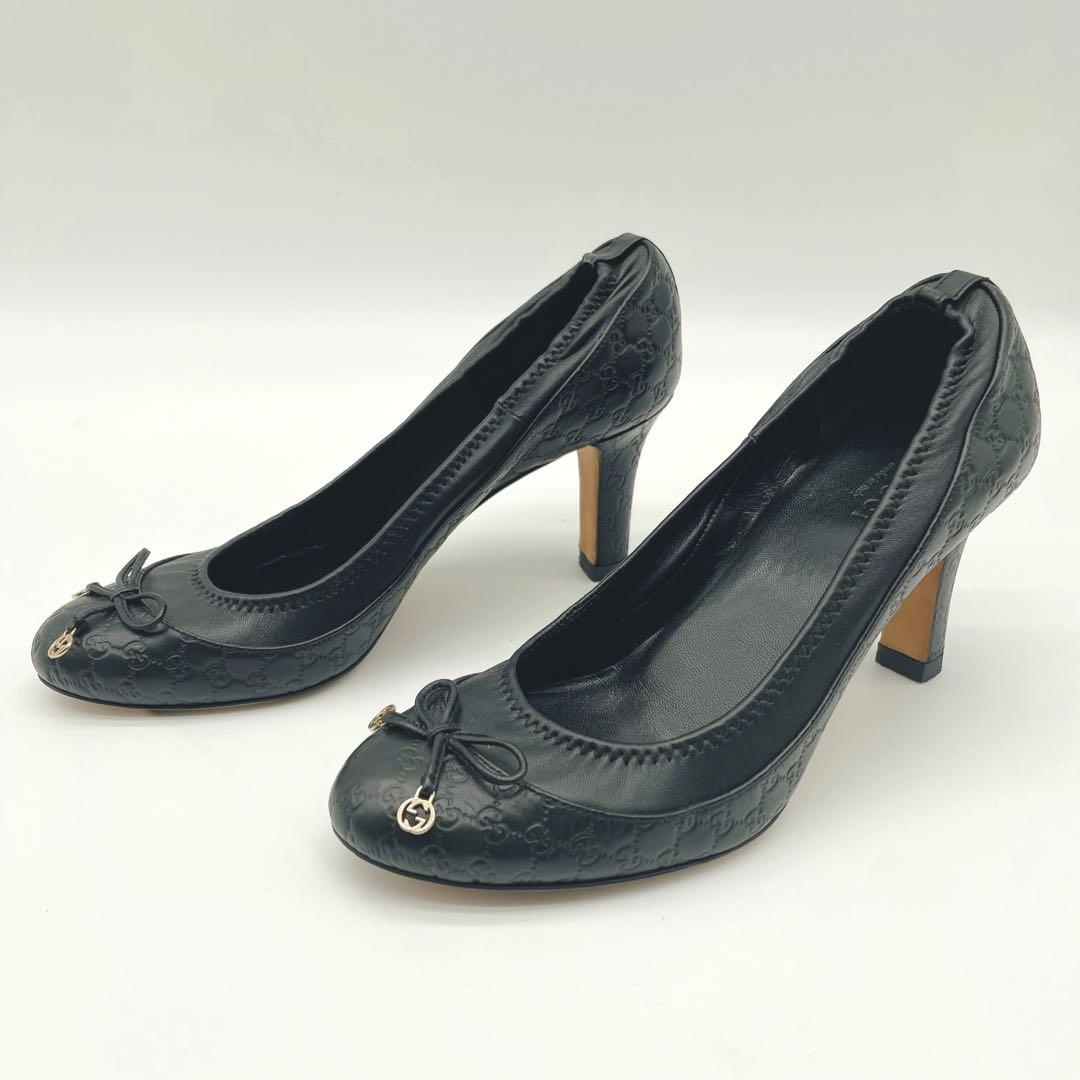 GUCCI ブラック パンプス GG柄 リボン付き - メルカリ