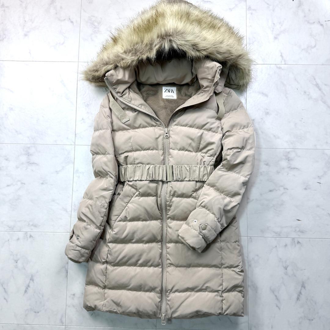 美品 ZARA ザラ ボア ダックダウンコート ベルト ファー付き Aライン
