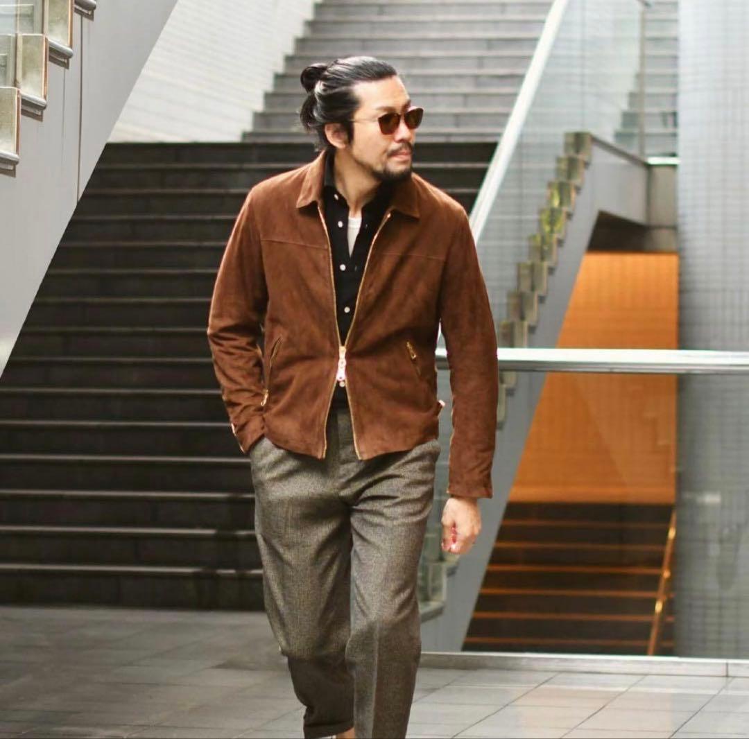 チンクアンタ CINQUANTA 襟付スエードシングルライダース ブラウン 44