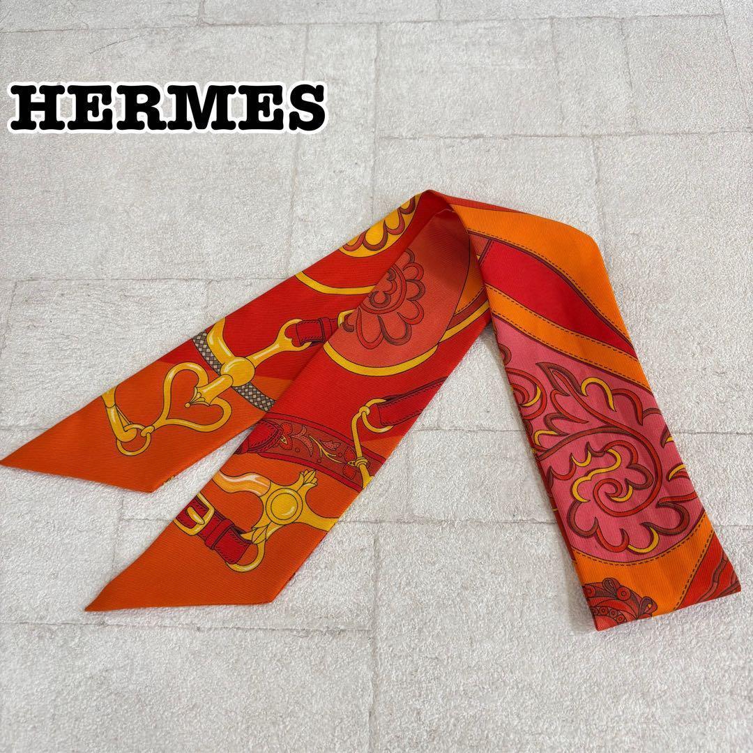 極美品】HERMES エルメス☆ツイリー シルクスカーフ オレンジ 833