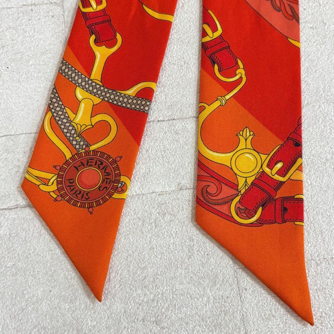 極美品】HERMES エルメス☆ツイリー シルクスカーフ オレンジ 833
