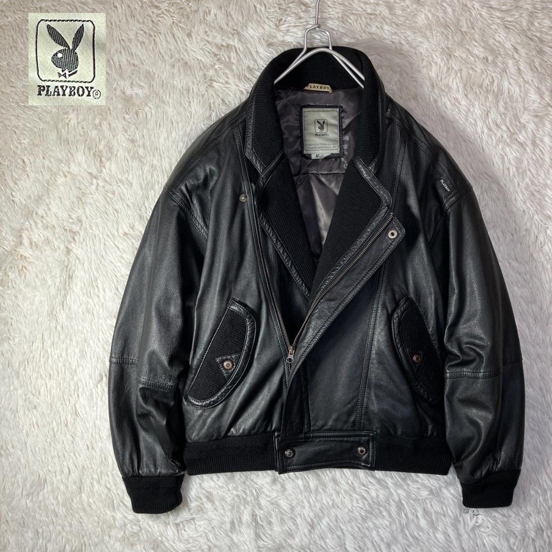 美品 90s PLAYBOY レザー ボンバージャケット ライダース 羊革 M