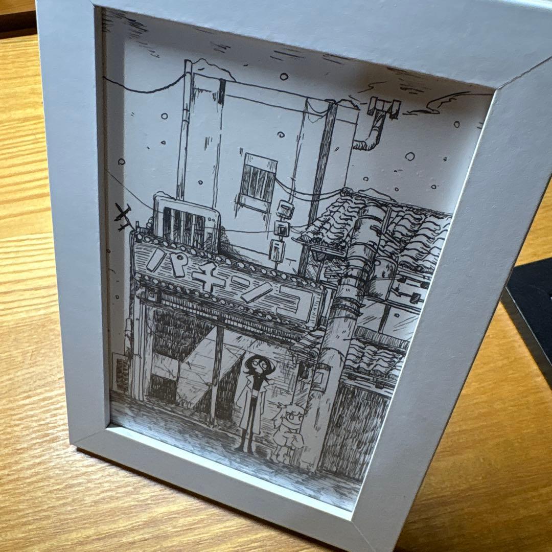 ペン画 黒と白の商店街 ハンドメイド2点セット