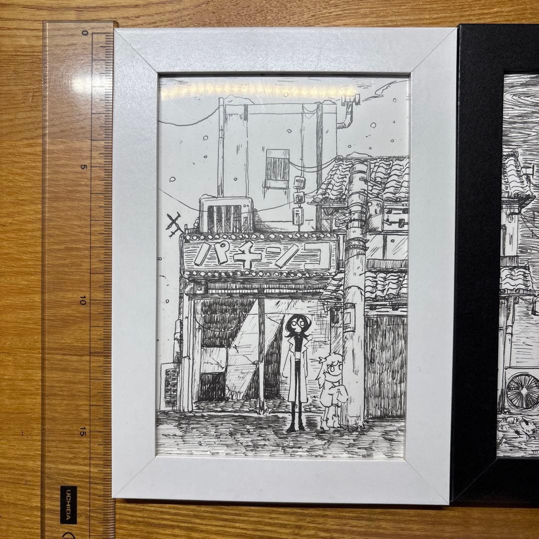 ペン画 黒と白の商店街 ハンドメイド2点セット