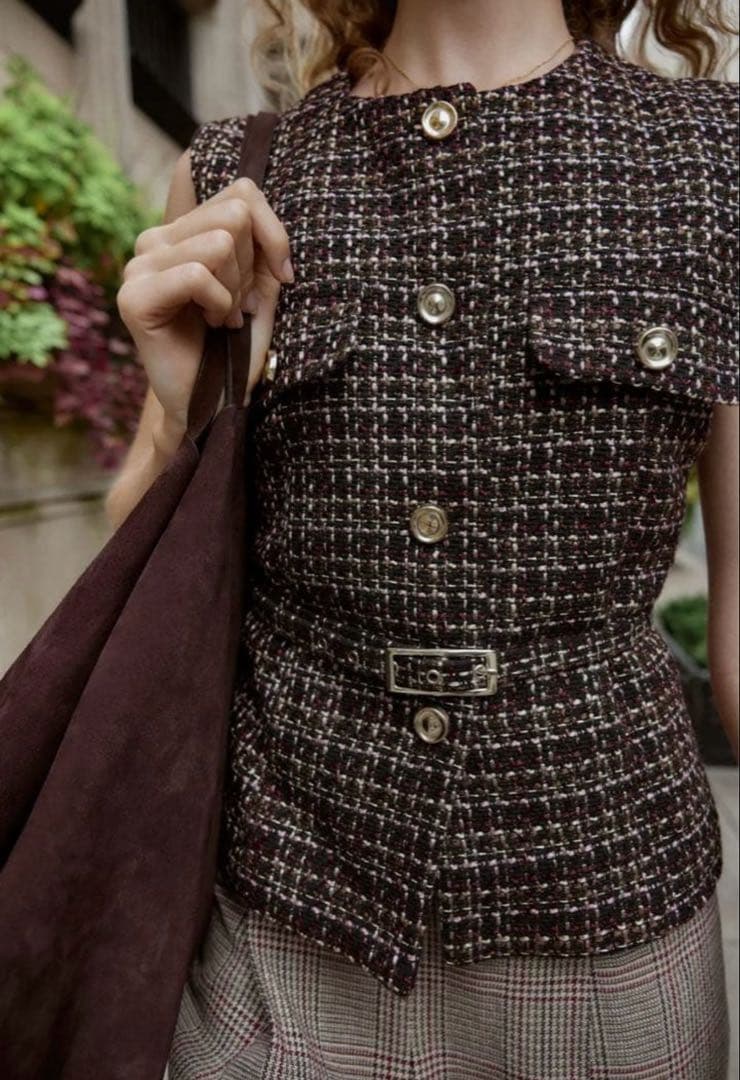 新品未使用 タグ付き ZARA ベルト付きテクスチャーベスト ツイード