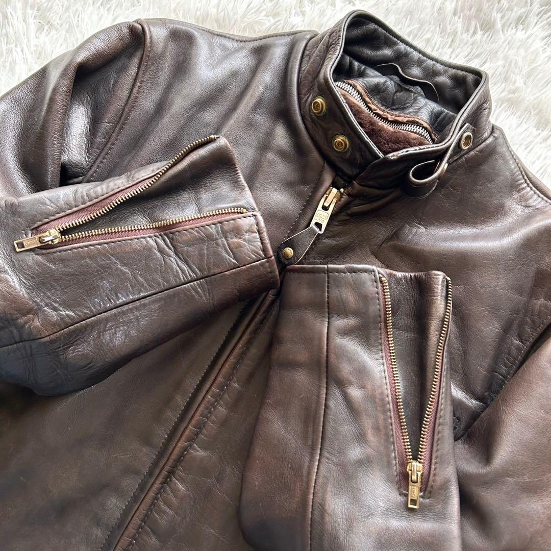 ショット シングル ライダースジャケット レザー 本革 ボアライナー 36