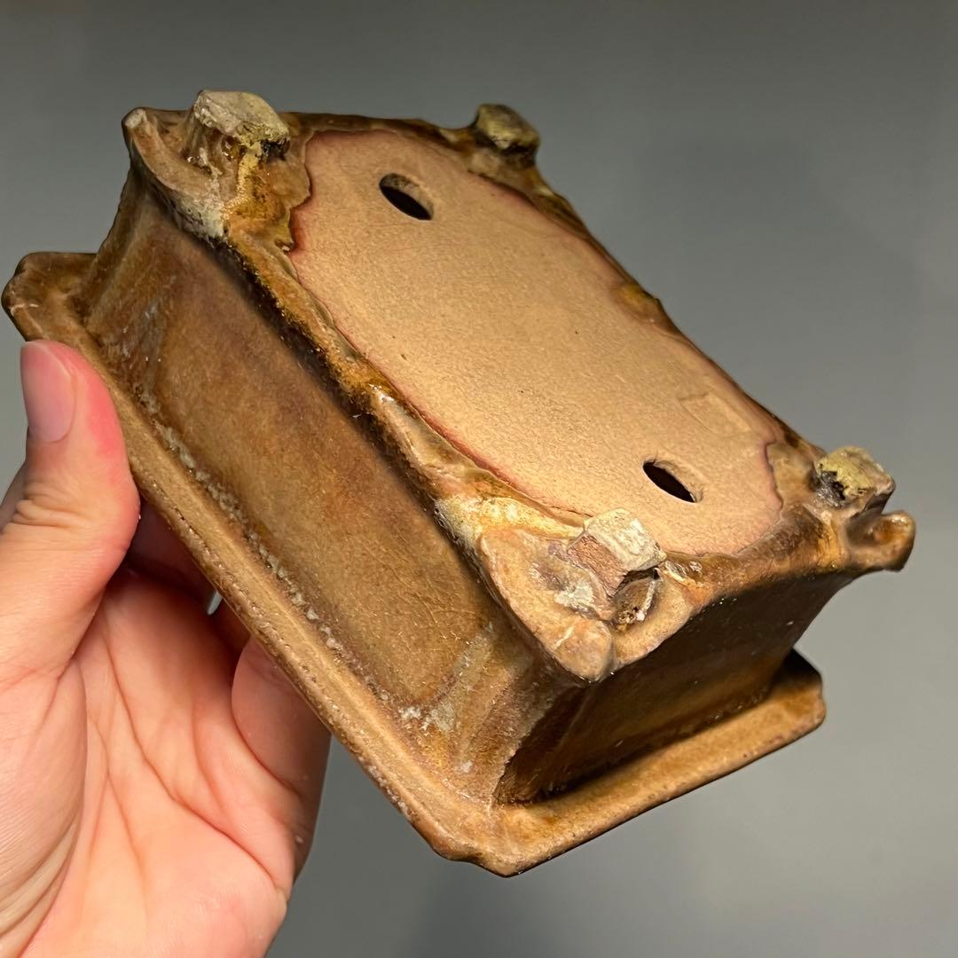 716.日本古鉢 飴釉長方鉢 盆栽鉢 植木鉢 13.6*10.8*5.2cm