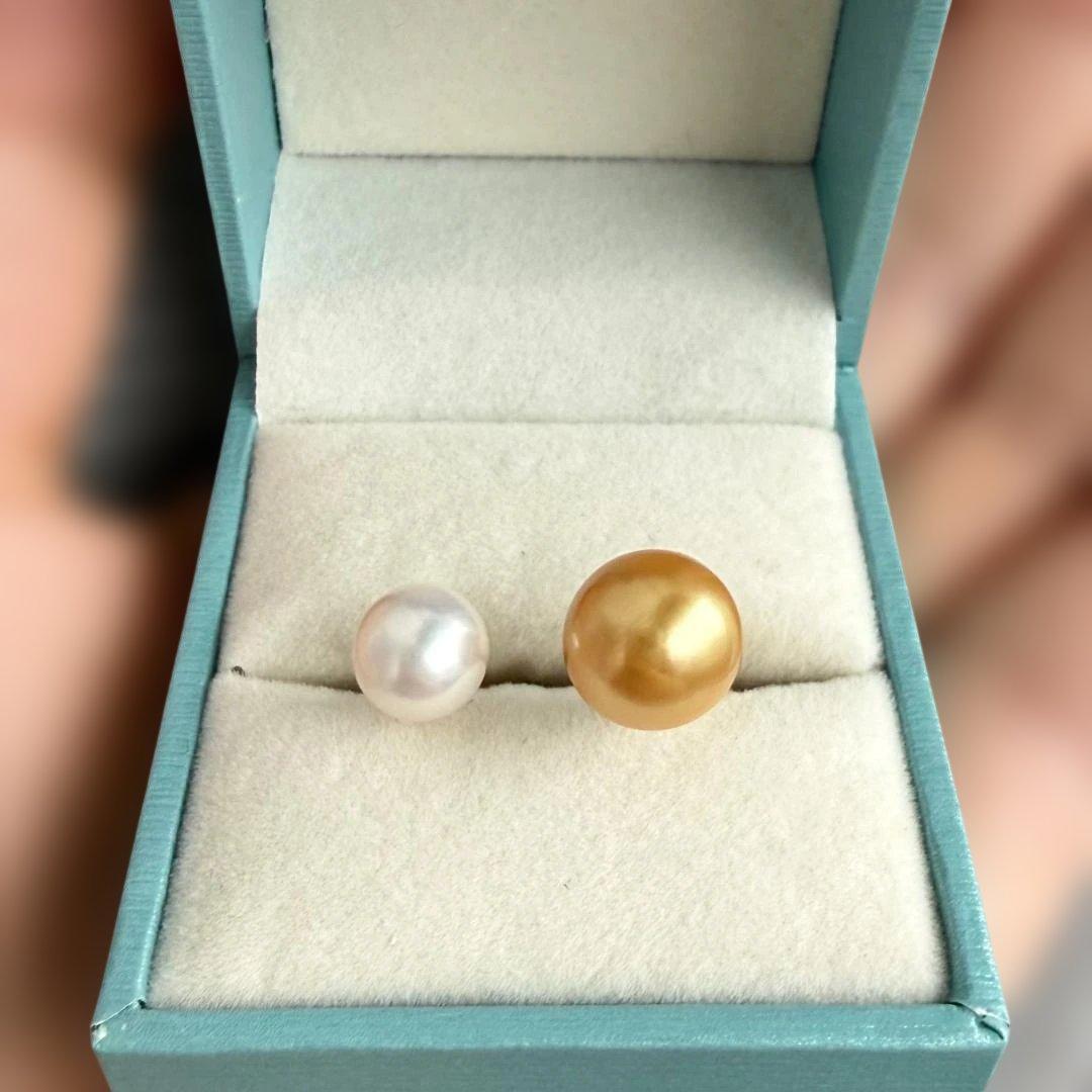 極上のテリ】南洋真珠×Akoya真珠 2粒リング 9mm 濃金 S925