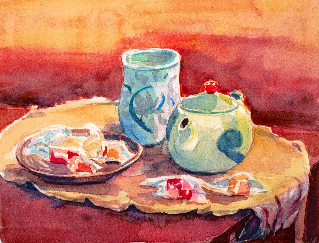 静物水彩画 陶器とお菓子F6サイズ額装済み - メルカリ