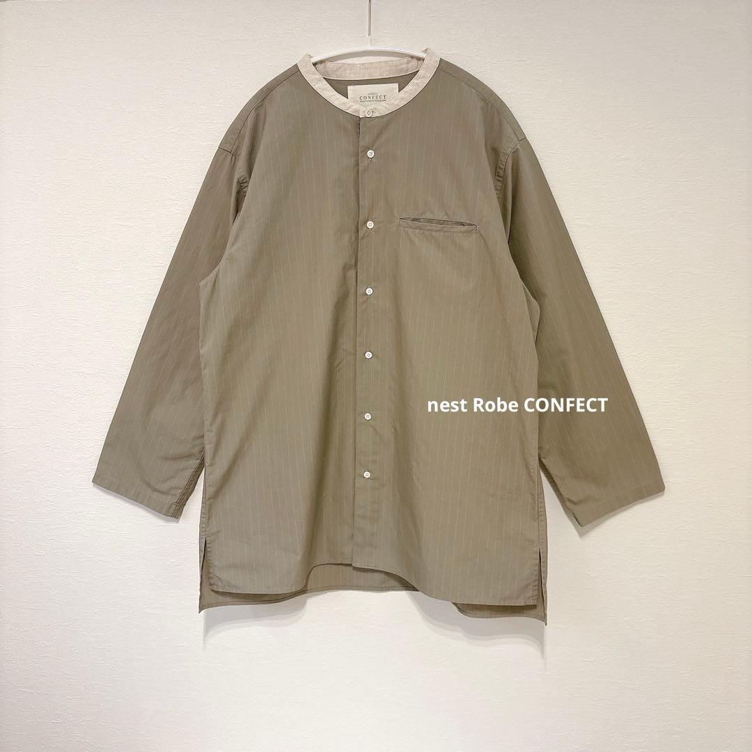【美品】ネストローブコンフェクト　ストライプバンドカラーシャツ　綿麻　グレー　4 先染めコットン 杢ストライプ バンドカラーシャツ｜nest Robe