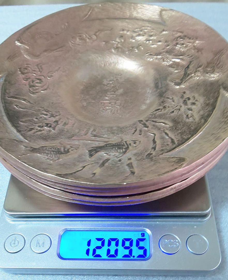 彫刻家 陽咸二作 銅製茶托 五客 獅子魚鶴図 煎茶道具