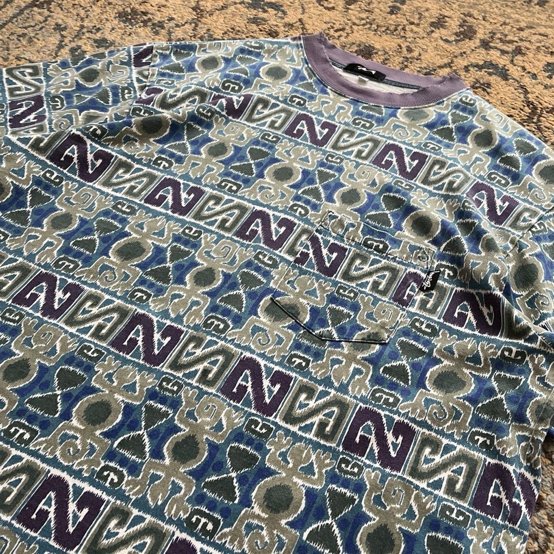 80s stussy ステューシー トムトム柄 初期 黒タグ 総柄 L ボーダー