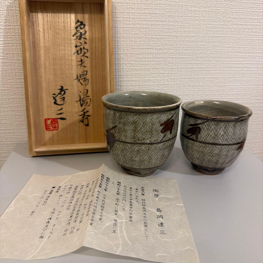 島岡達三 益子焼　夫婦湯呑 Amazon | 重要無形文化財 人間国宝島岡達三 象嵌赤絵夫婦湯呑 共箱
