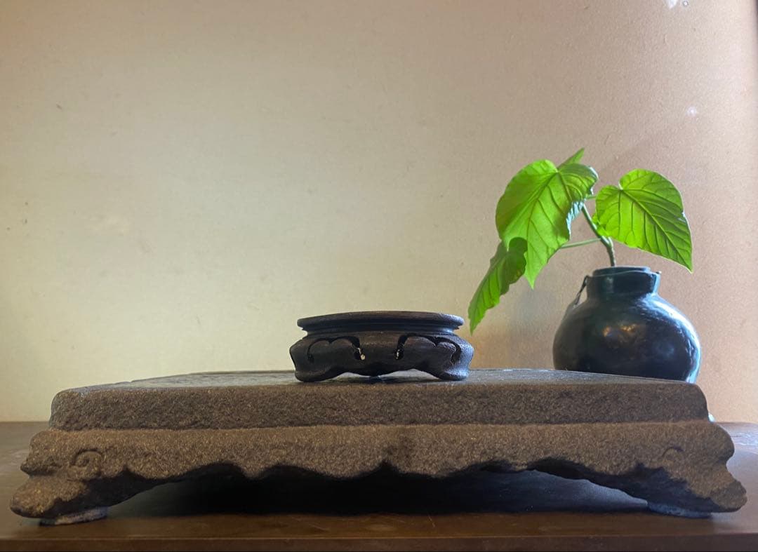 美品 二上元威作 青銅製花器 唐木鑑賞台付2点セット アンティーク