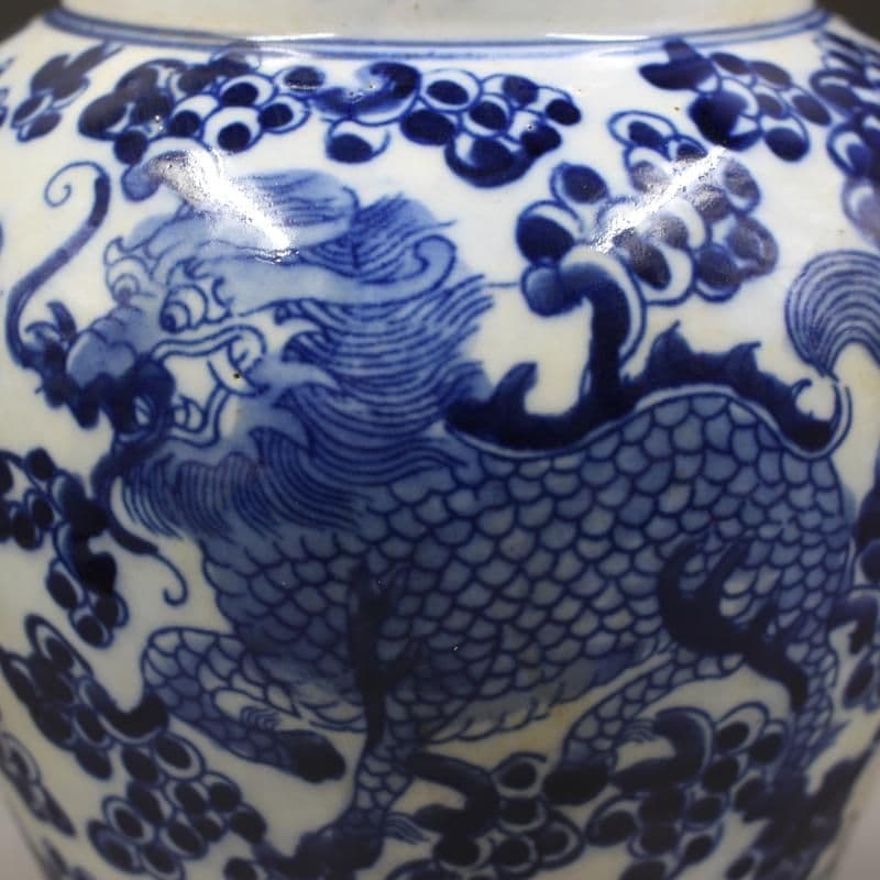 清同治青花穿花麒麟紋茶蓋缶 景徳鎮 陶磁器 装飾品 現代工芸品 美術品