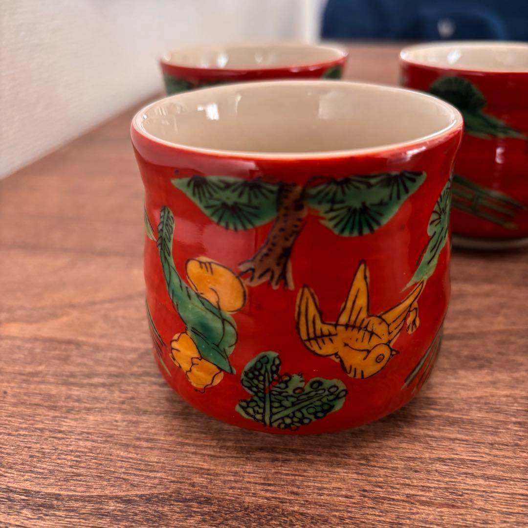 特撰 九谷焼 秋峰 木米 五客湯呑 5客セット 赤絵 松に鳥紋 共箱入り
