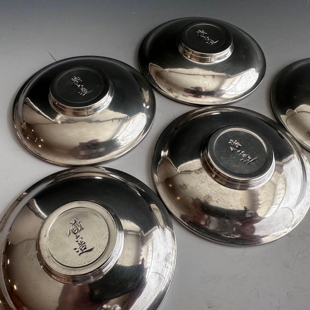 煎茶道具 純錫 茶托 五枚組 秦蔵六 共箱 張松齢之作意 富岡鉄斎五清画