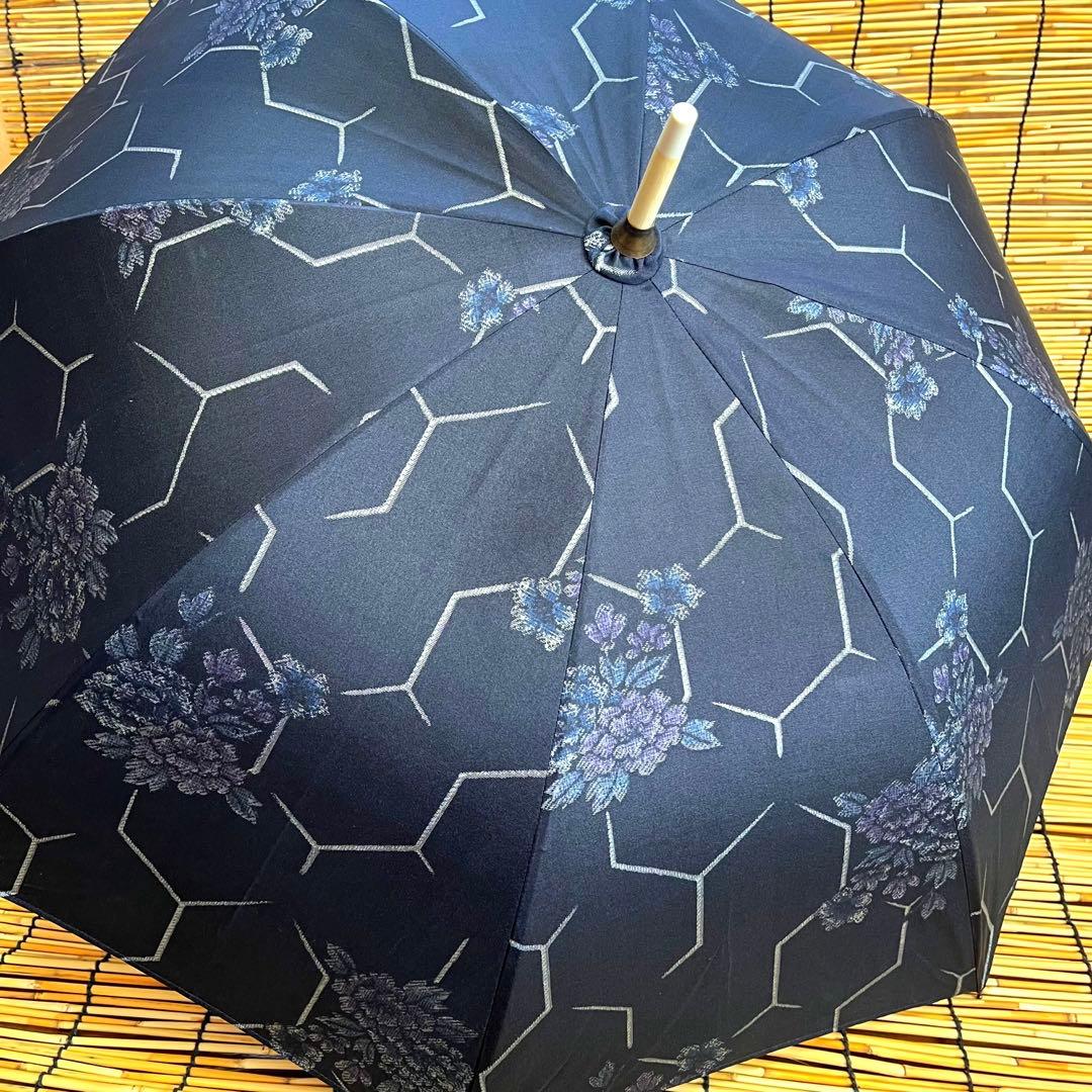 大島紬リメイク＊手作りおしゃれ日傘とお揃い巾着トート＊黒地花柄