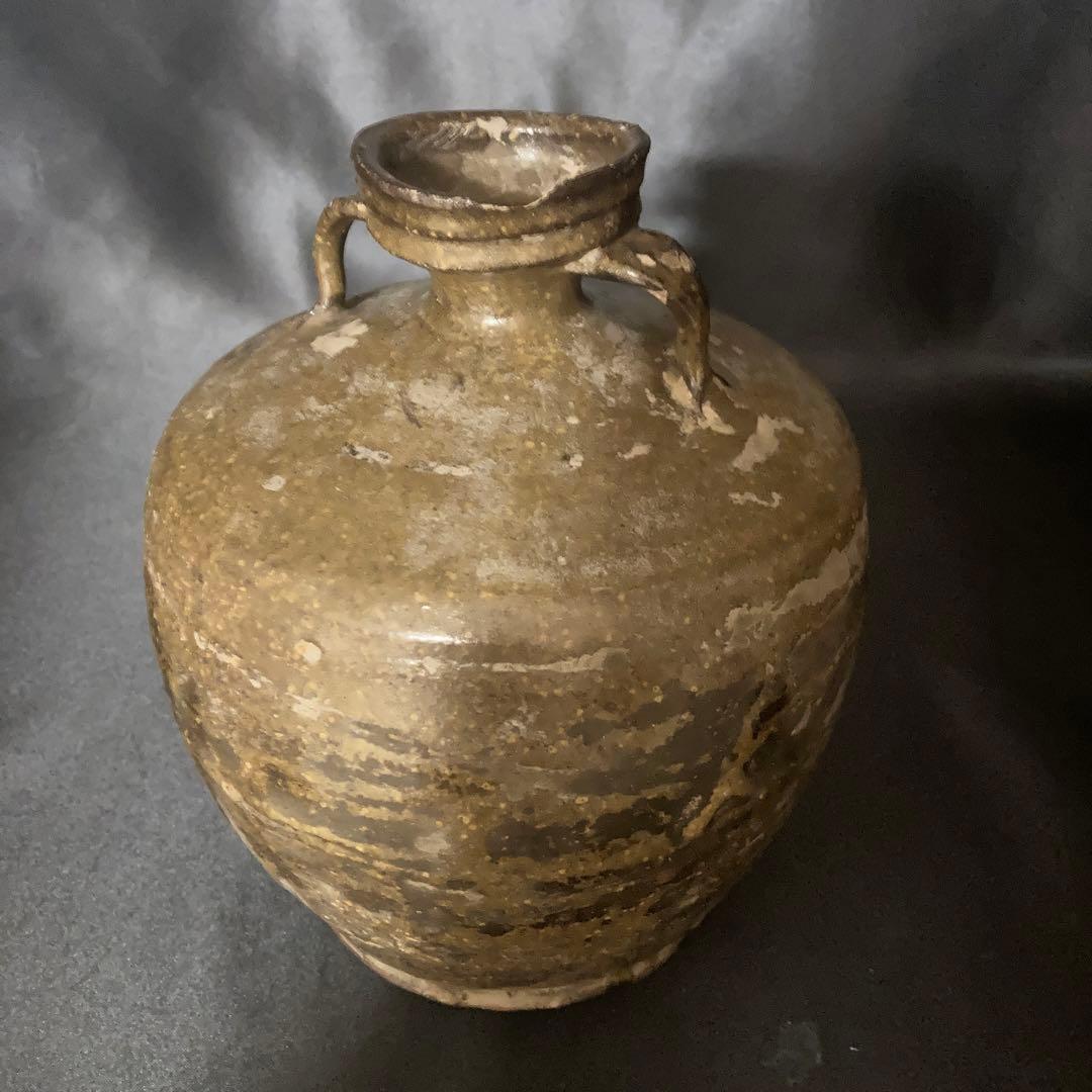 《赤字万博❗️》【三益】中国古美術　建窯藁灰釉双耳付壺（宋時代）【本物保証】