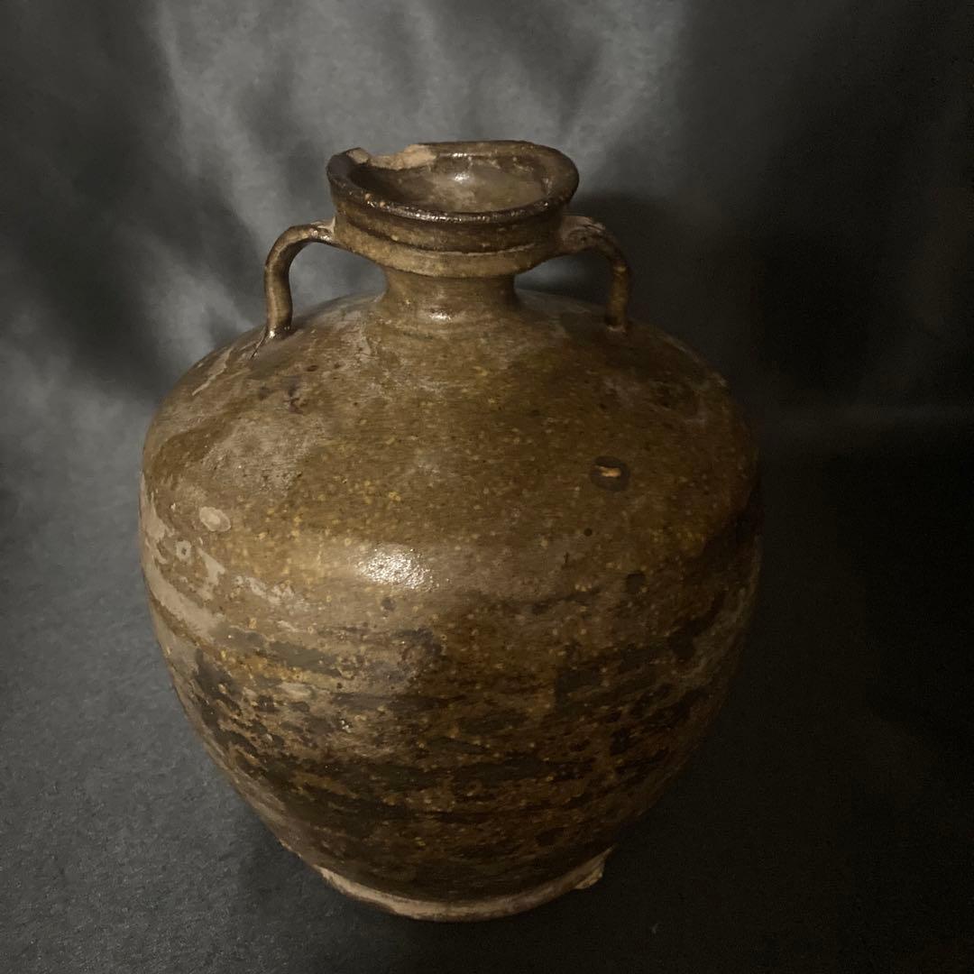 《赤字万博❗️》【三益】中国古美術　建窯藁灰釉双耳付壺（宋時代）【本物保証】