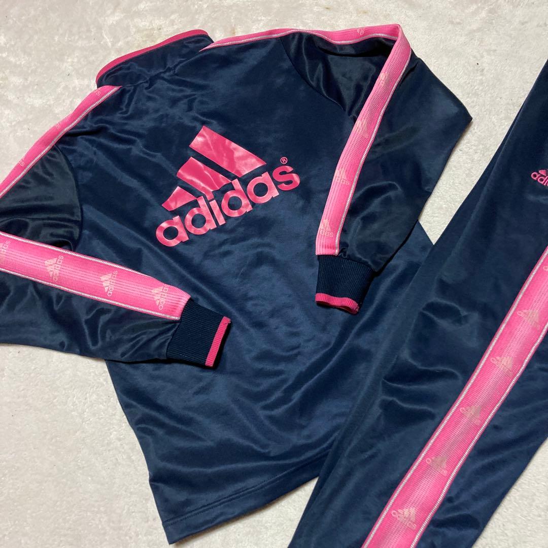 adidasアディダス☆ピンクライン入セットアップジャージ上下 紺