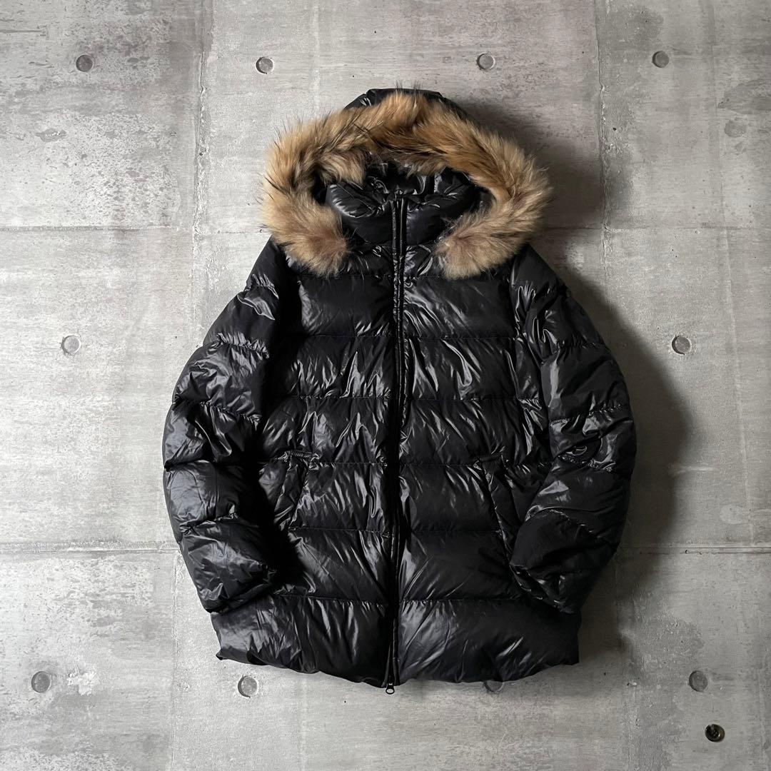 y2k ダブルジップ ファー付きダウンジャケット 黒 光沢 平成ギャル