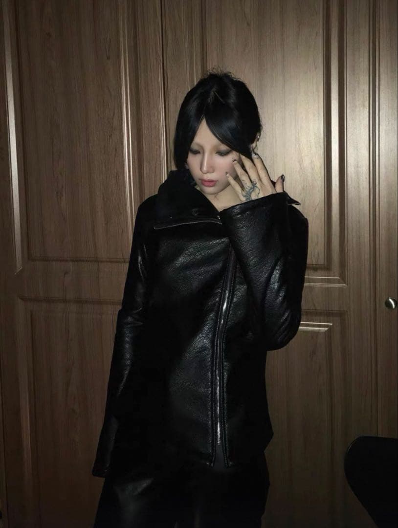 ハイネック黒レザージャケット y2k v系 opium - メルカリ
