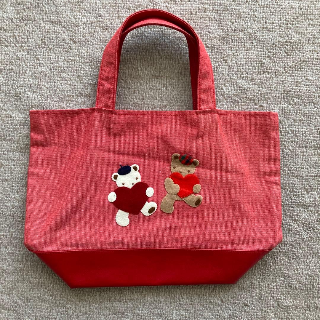 ファミリア マチ付 ミニ デニムバッグ 手刺繍 赤 クマ ハート - メルカリ