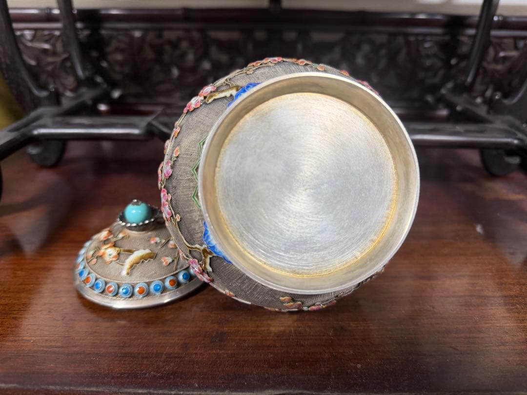 七宝焼 Sliver 銀製 珊瑚 茶道具 置物 中国美術 465.5g 在铭