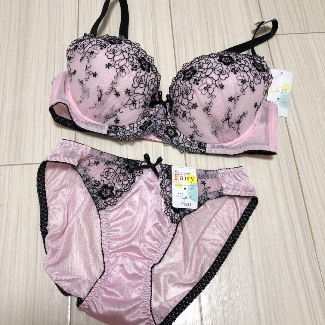 E80/L/ブラジャーショーツセット/ピンク/黒/花柄刺繍/ブラショーツ