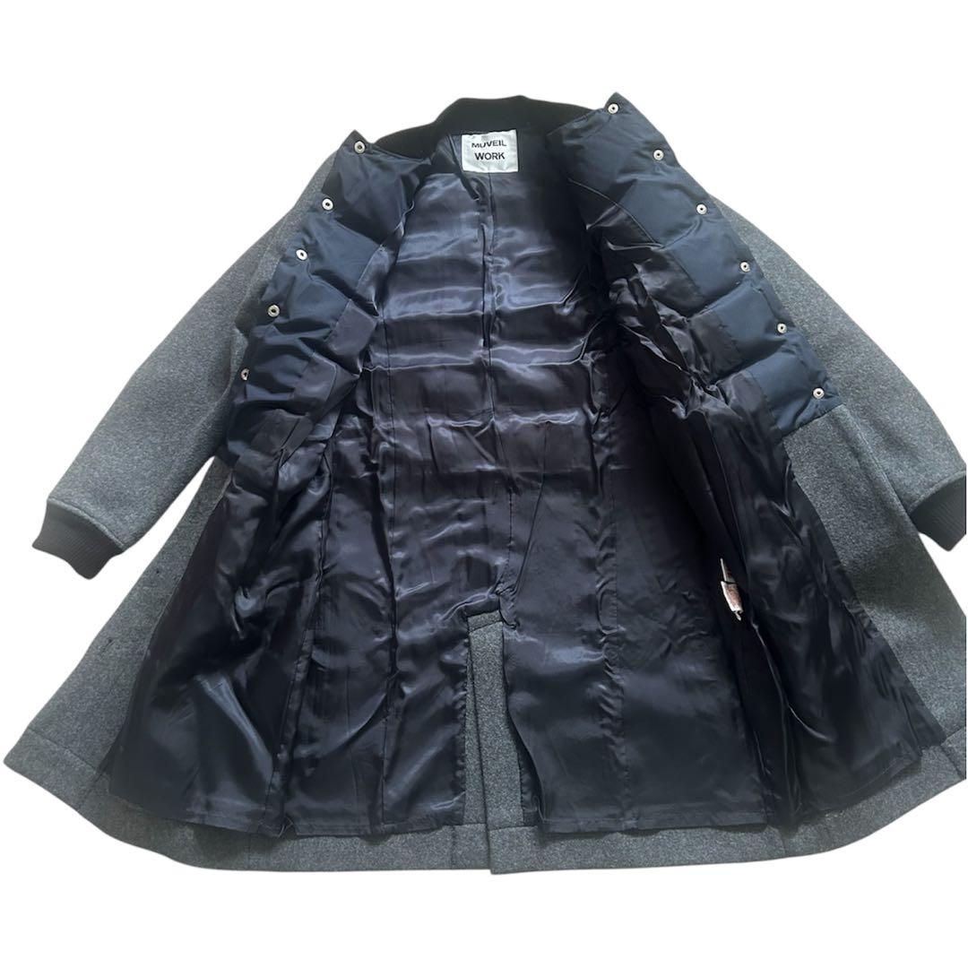 異素材切替【MUVEIL】ダウンメルトンコートノーカラーネイビー×グレー