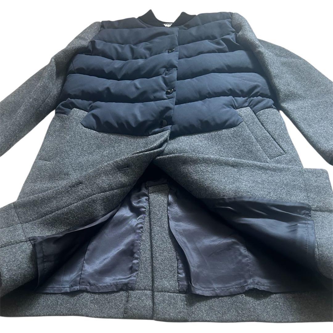 異素材切替【MUVEIL】ダウンメルトンコートノーカラーネイビー×グレー
