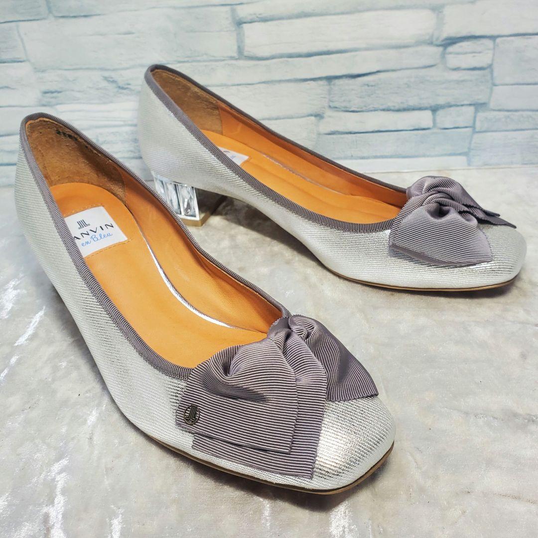 【未使用級】✨LANVIN 23.5cm ビジューヒールリボンパンプス シルバー