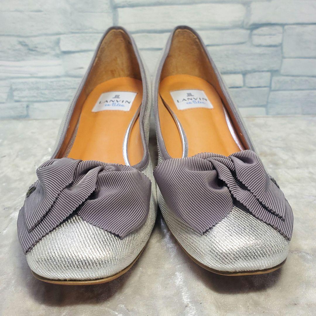 【未使用級】✨LANVIN 23.5cm ビジューヒールリボンパンプス シルバー