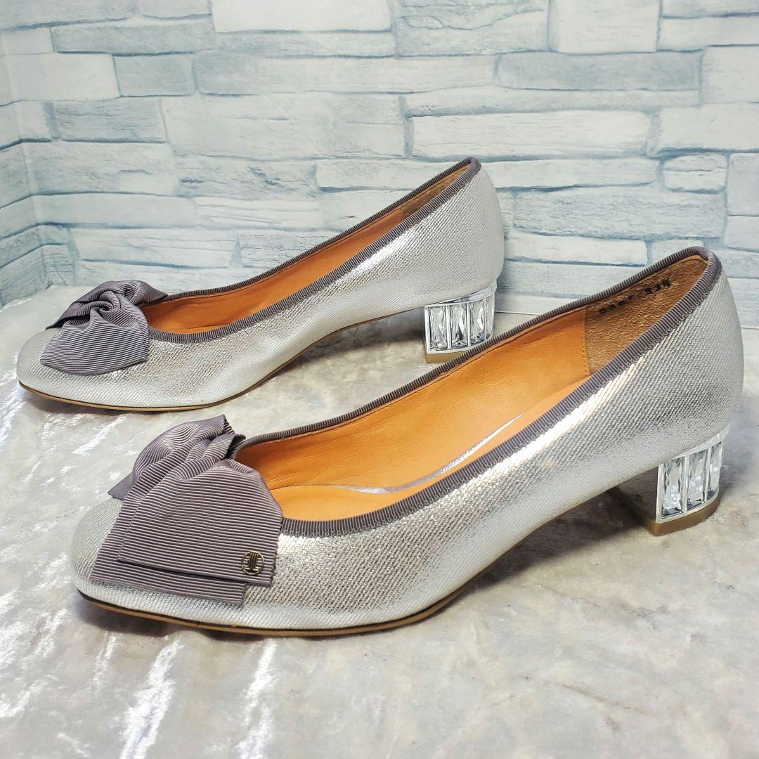 【未使用級】✨LANVIN 23.5cm ビジューヒールリボンパンプス シルバー
