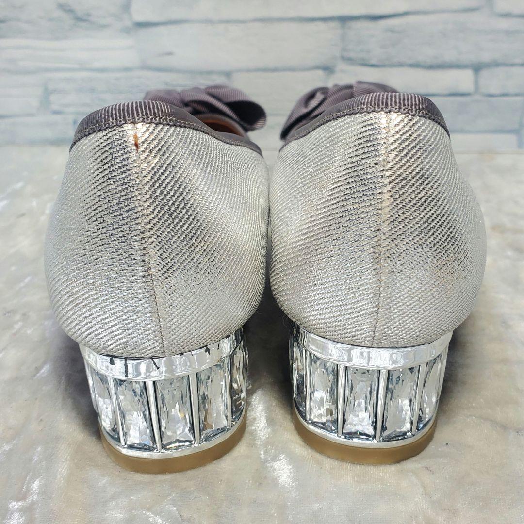 【未使用級】✨LANVIN 23.5cm ビジューヒールリボンパンプス シルバー