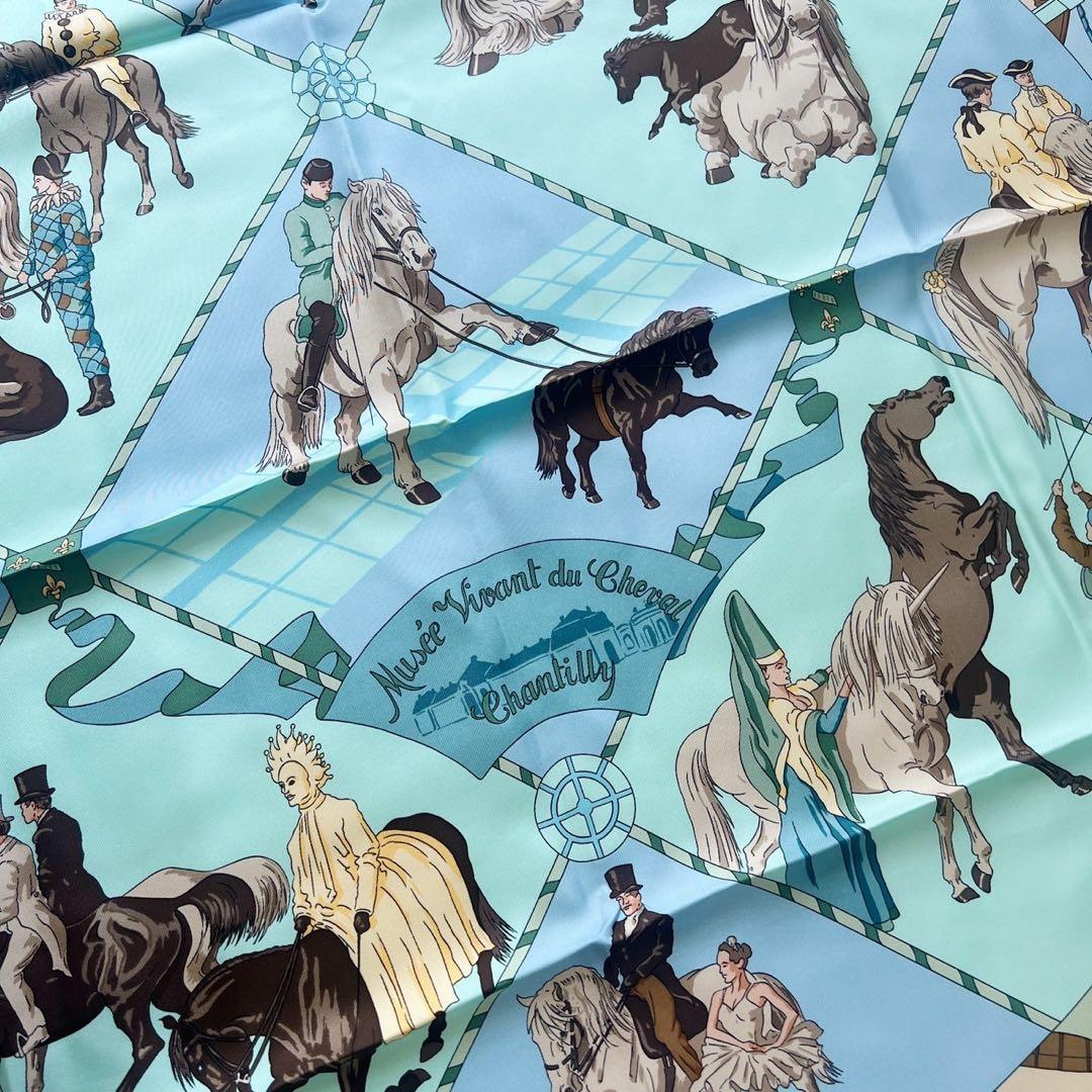 美品 エルメス カレ90 スカーフ シャンティ城馬の博物館 ライトブルー