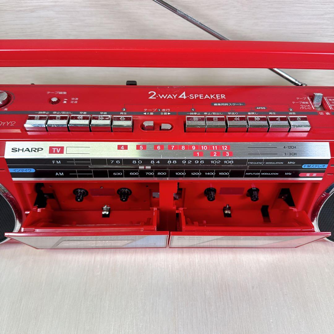 SHARP QT-Y2 赤 ラジカセ ダブルカセット 通電・ラジオ OK レトロ