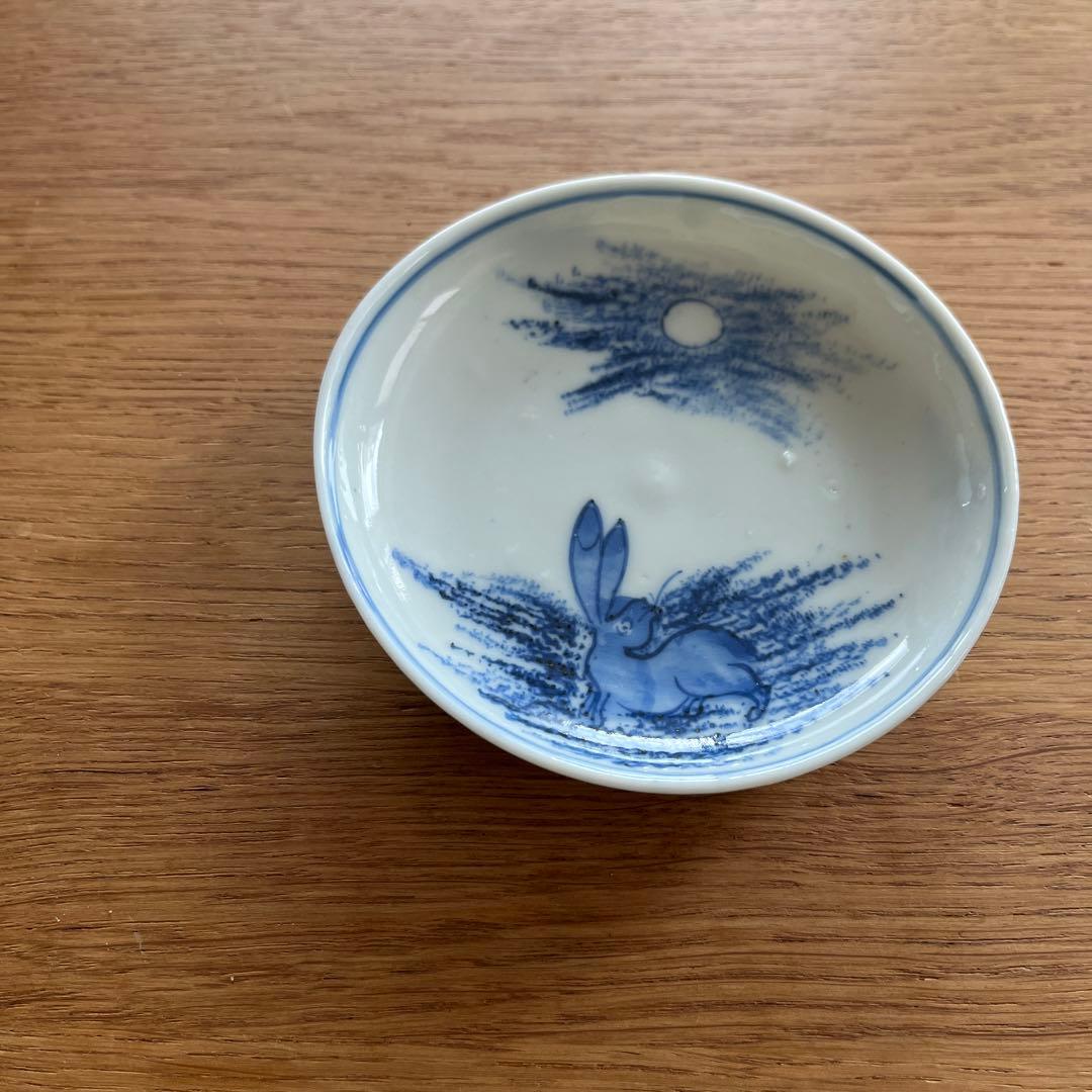 染付 手書き 小皿 古伊万里 月見兎図 うさぎ 兎 月 骨董 アンティーク