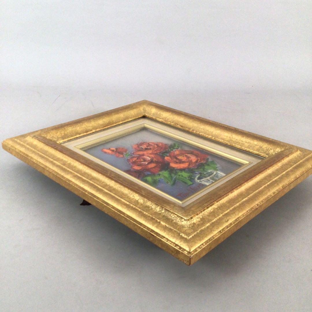 No3888 額装　真作　金原富広「バラ」　2000年 油彩画　裏書有 送料無料