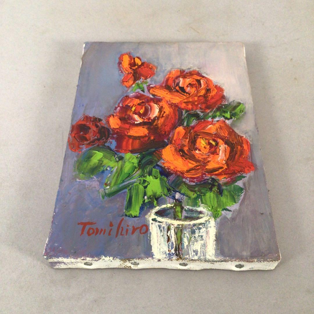 No3888 額装　真作　金原富広「バラ」　2000年 油彩画　裏書有 送料無料