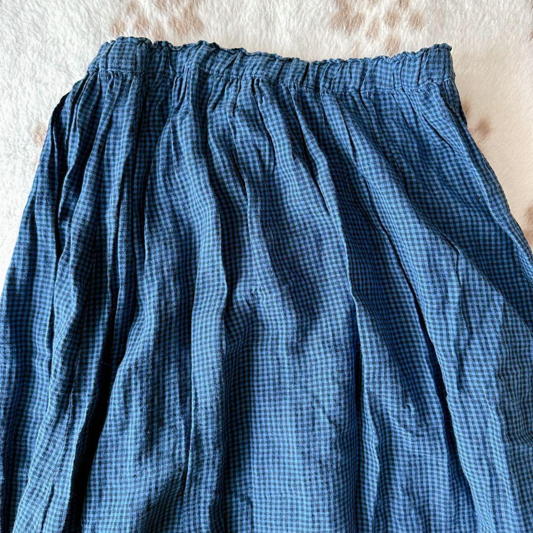 tumugu ツムグ ギンガムチェック フレアスカート ロング ブルー リネン