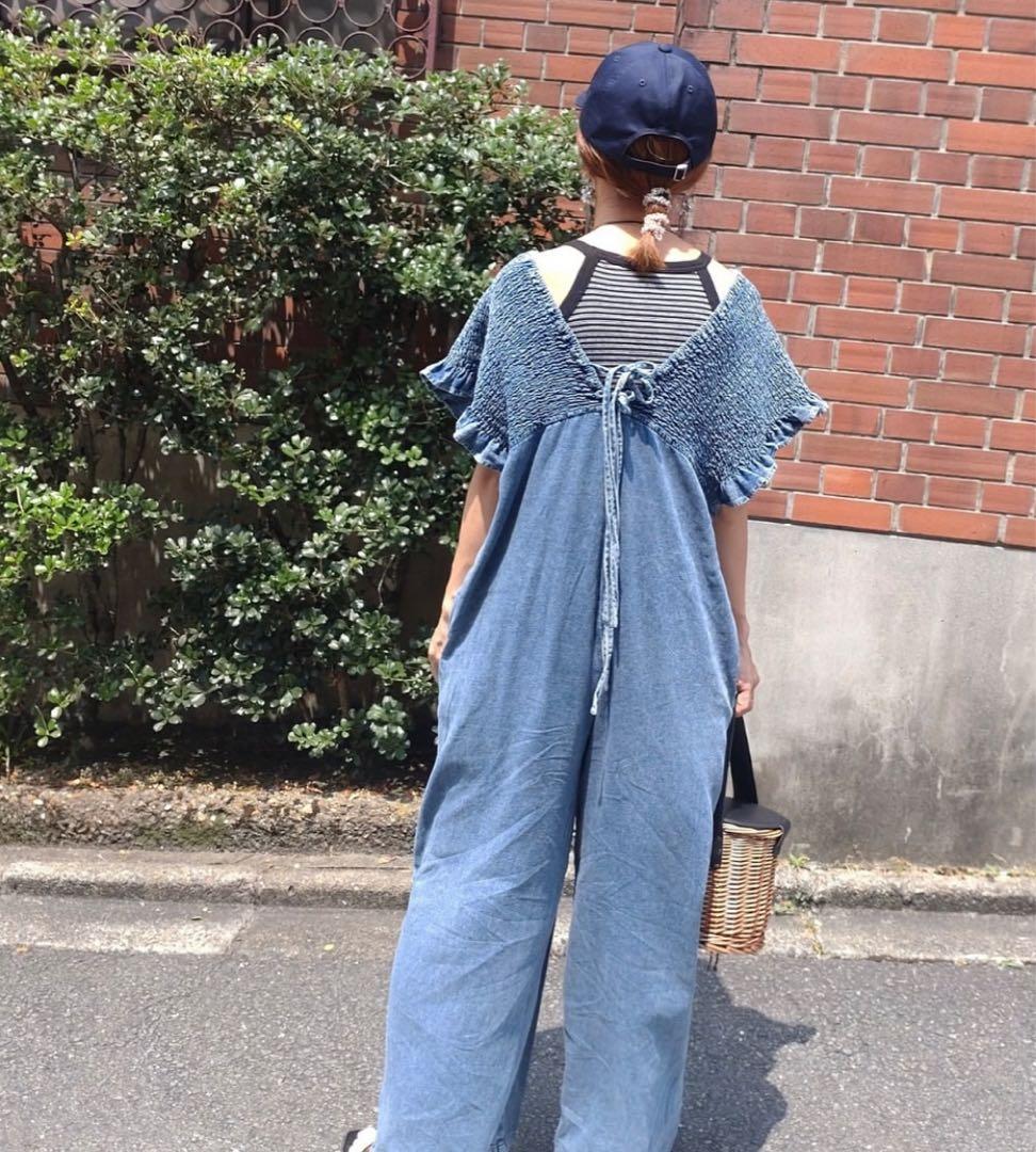 新品 しまむら デニム シャーリングサロペット サックス Mサイズ