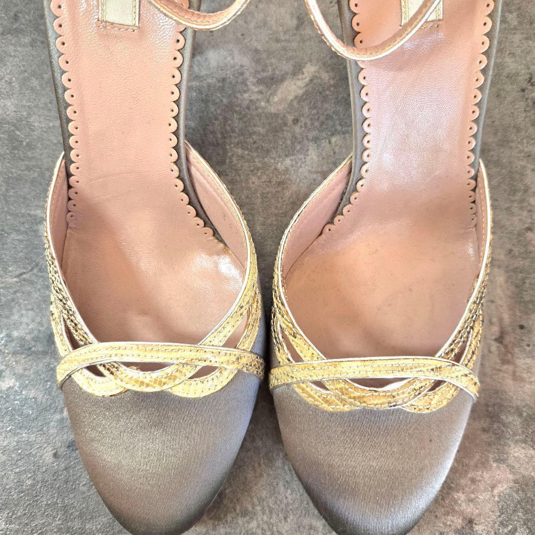 美品 PRADA プラダ パイソンコンビ サテンパンプス 22.5cm ゴールド